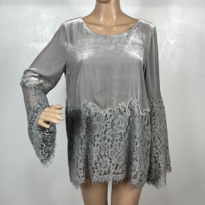 Sundance Gray Silk Blend Velvet Lace Floral Tunic Top Size S